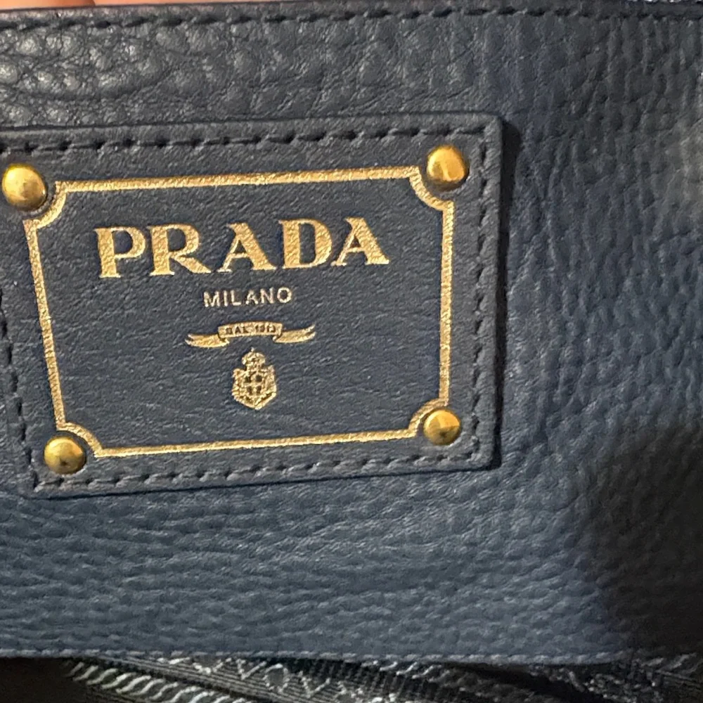 Prada Vitello Daino Bauletto Midnight Blue Pebbled Leather Satchel - Picture 11 of 13